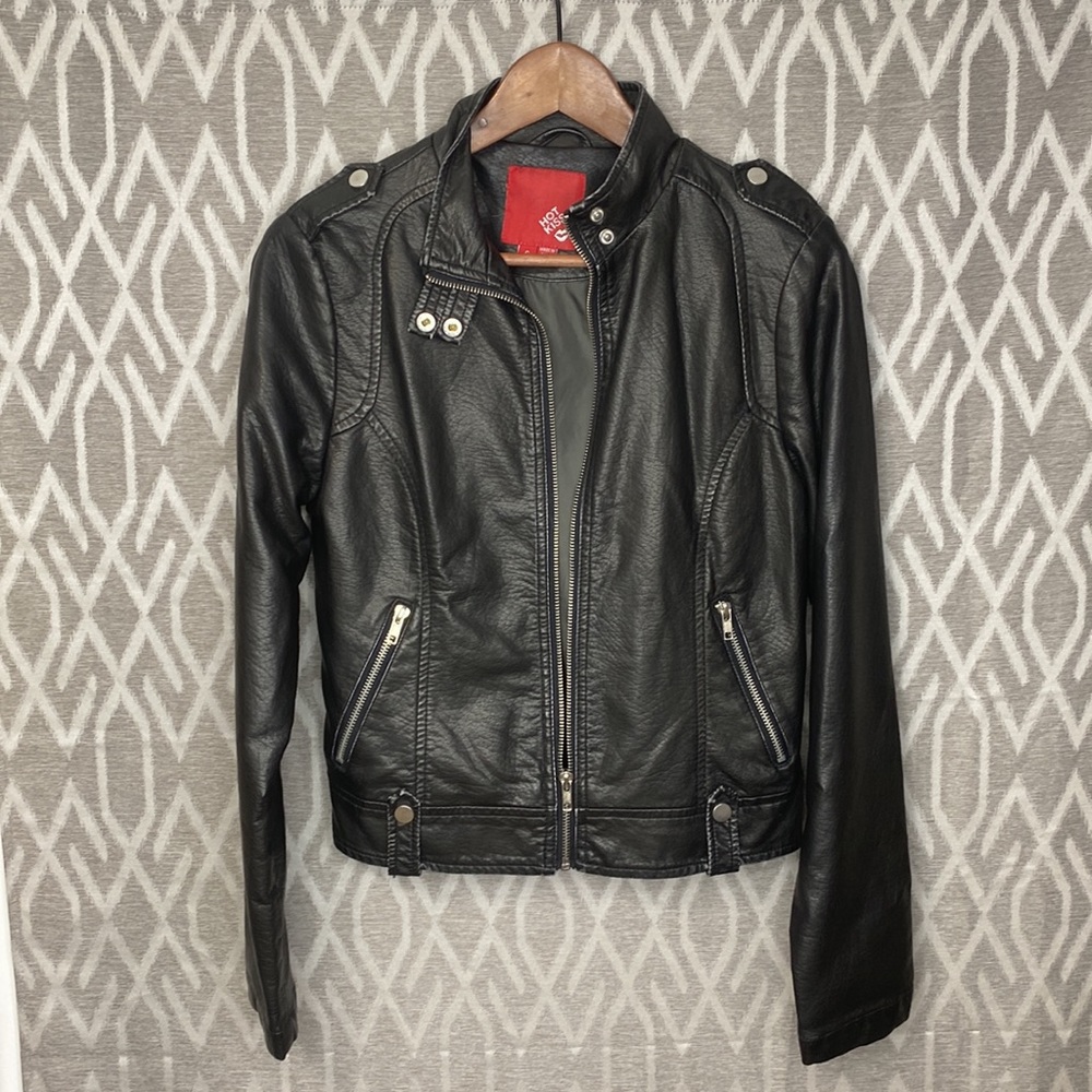 Hot Kiss Black Vegan Leather Distressed Moto Jacket Size Small